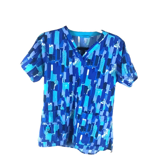 Carhartt Women's Scrub Top Size Small Blue Paint Art V Neck Polyester Medical... - Picture 1 of 6